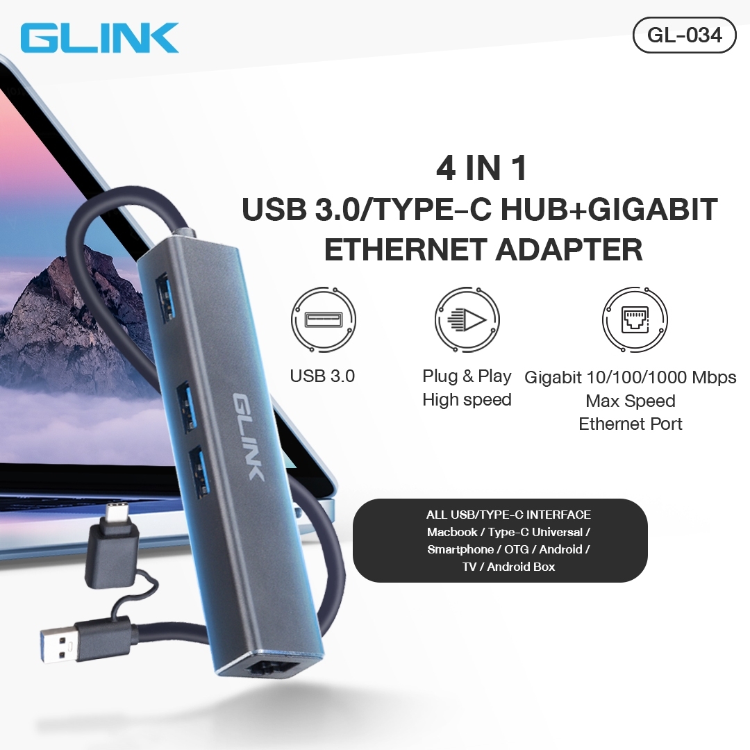 glink 3 Port USB HUB v3.0 + LAN GLINK (GL-034) Black — product image 1