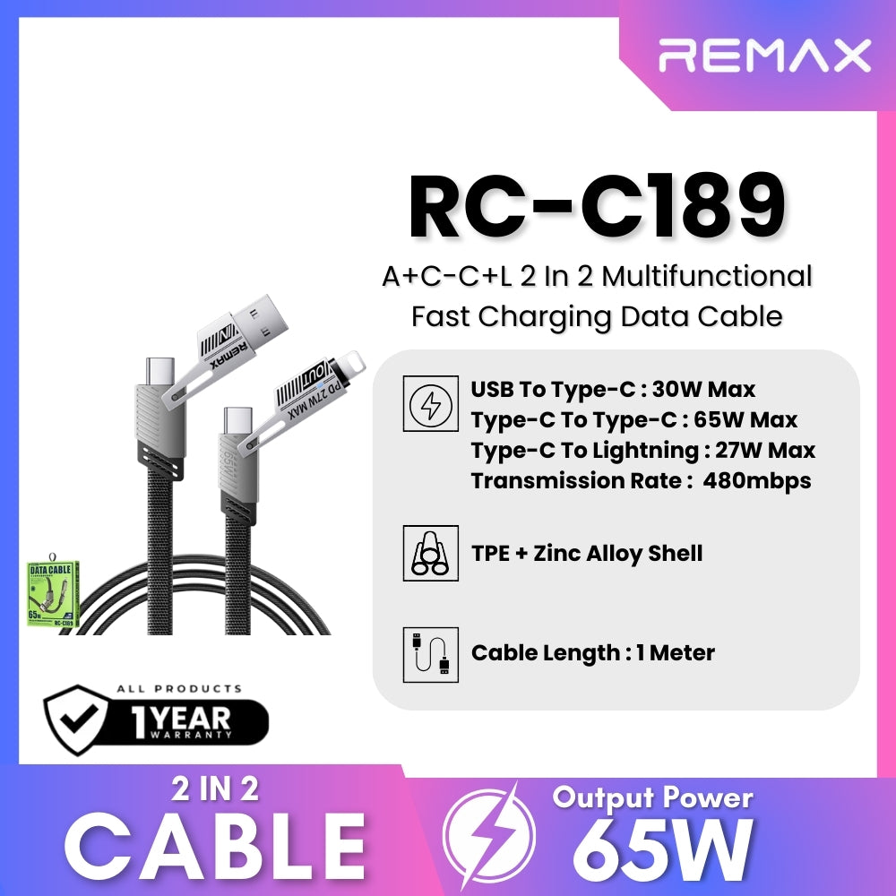 remax 1M Cable Charger 2in2 REMAX (65W,RC-C189) Black — product image 1