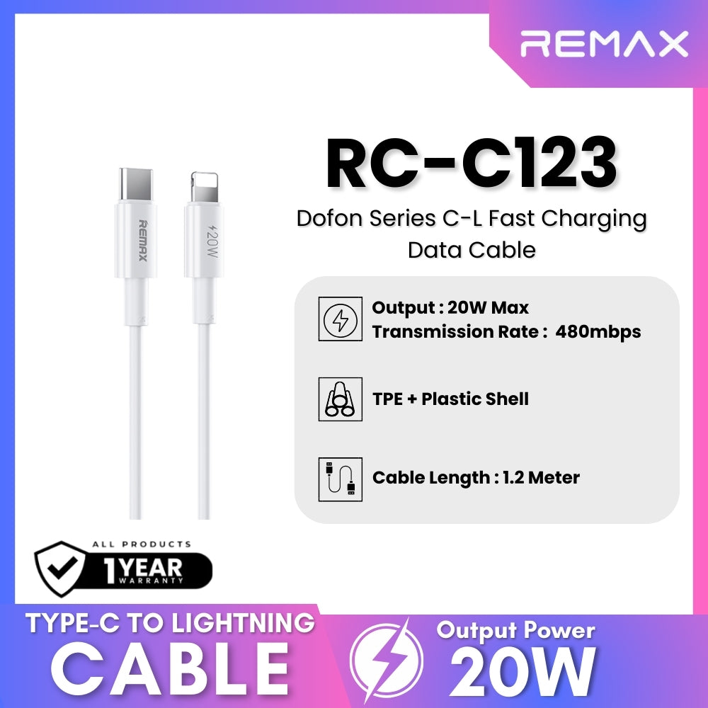remax 2M Cable Type-C TO iPhone REMAX (20W,RC-C123) White — product image 1