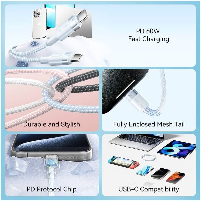 1M Cable Type-C TO Type-C VENTION (60W,Aluminum Alloy Type) White thumbnail 3