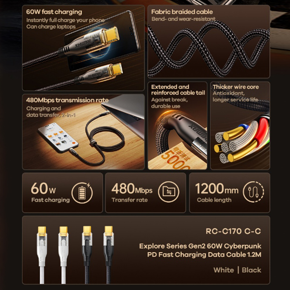 1.2M Cable Type-C TO Type-C REMAX (60W,RC-C170) Black thumbnail 2