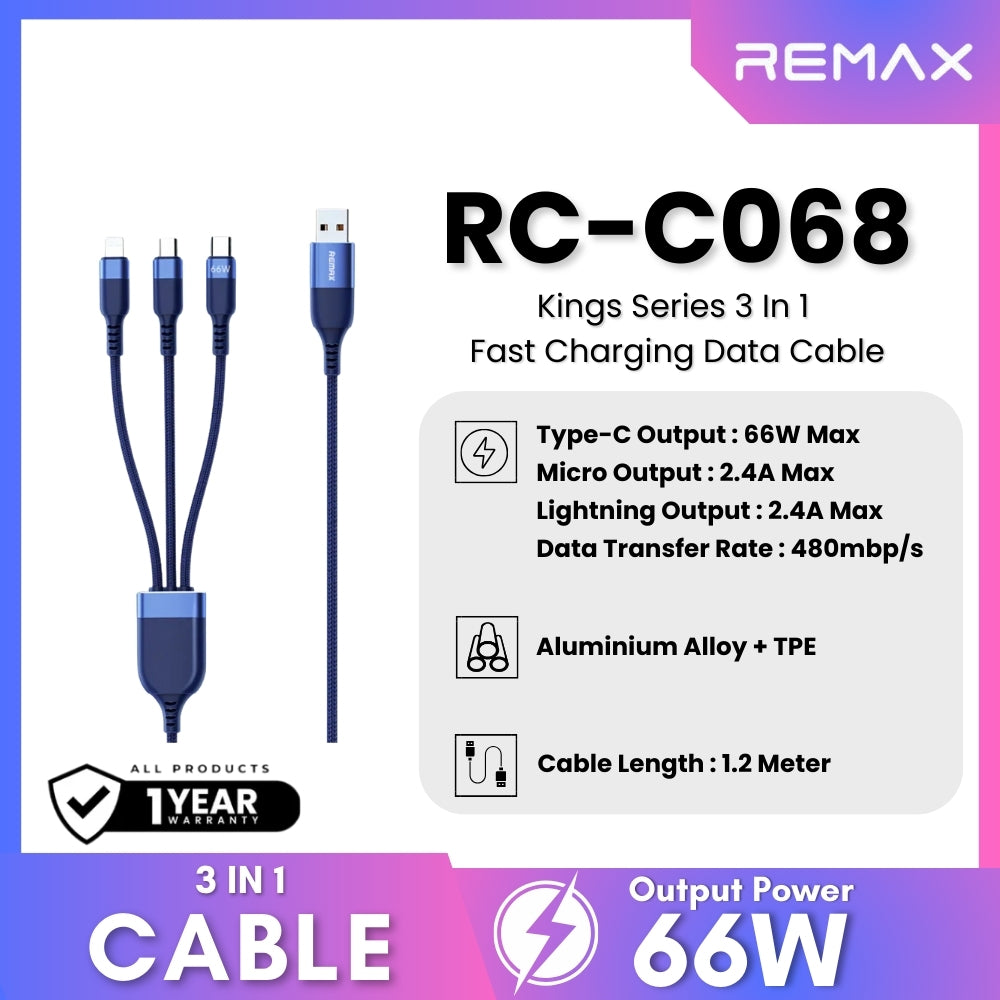 remax 1M Cable Charger 3in1 REMAX (RC-C068) Blue — product image 1