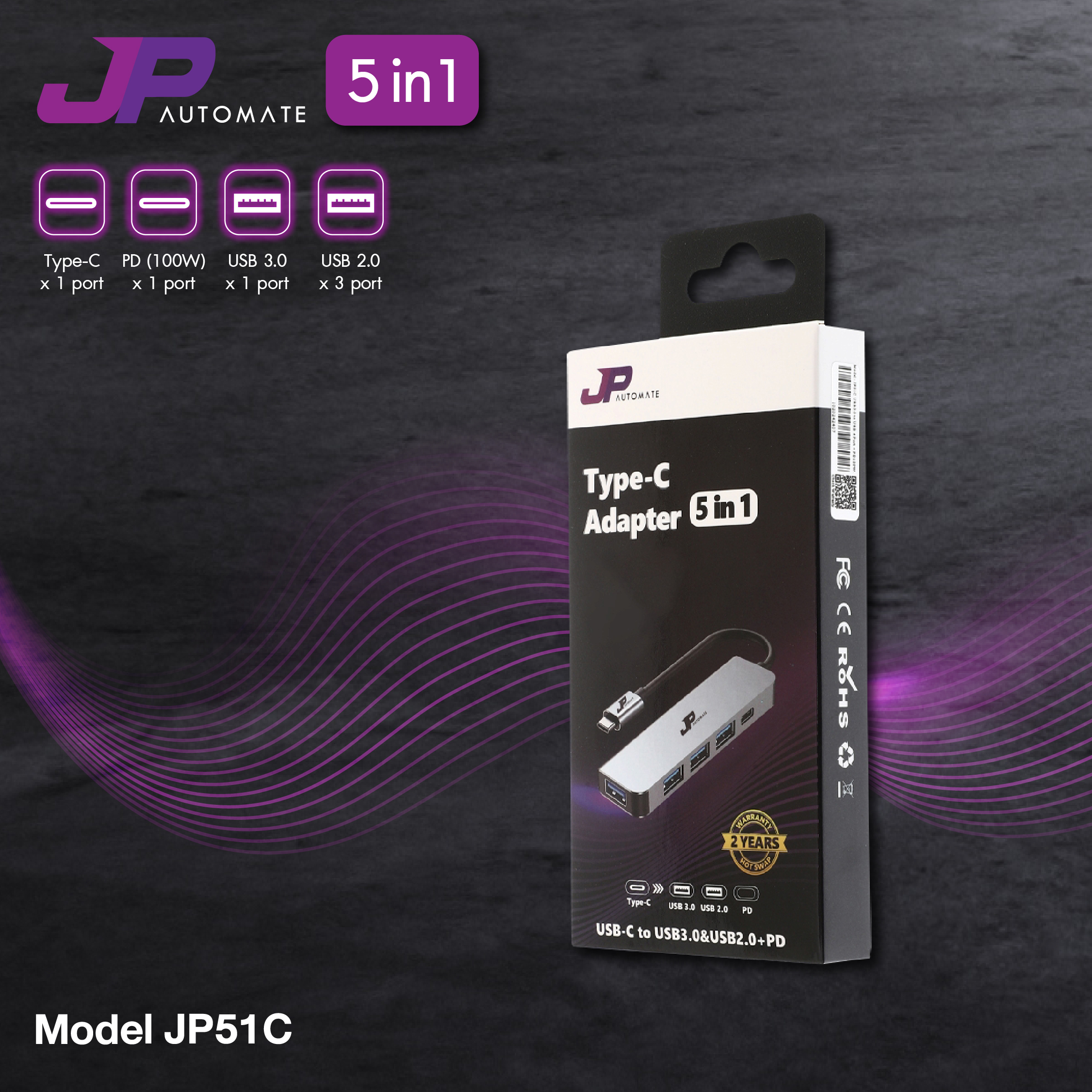 5 Port USB HUB v3.0 JP (JP51C) Type-C Black thumbnail 2