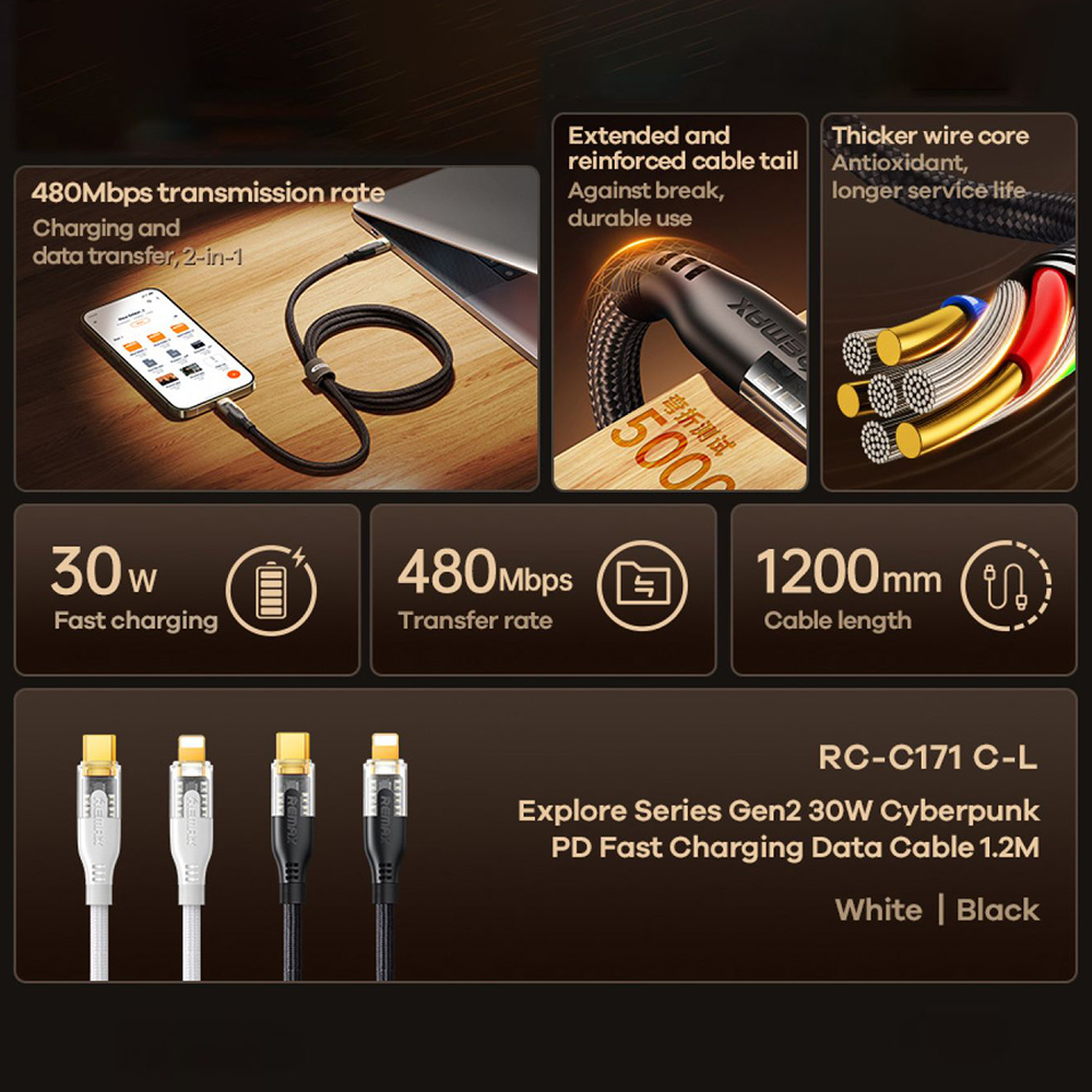 1.2M Cable Type-C TO iPhone REMAX (30W,RC-C171) White thumbnail 2