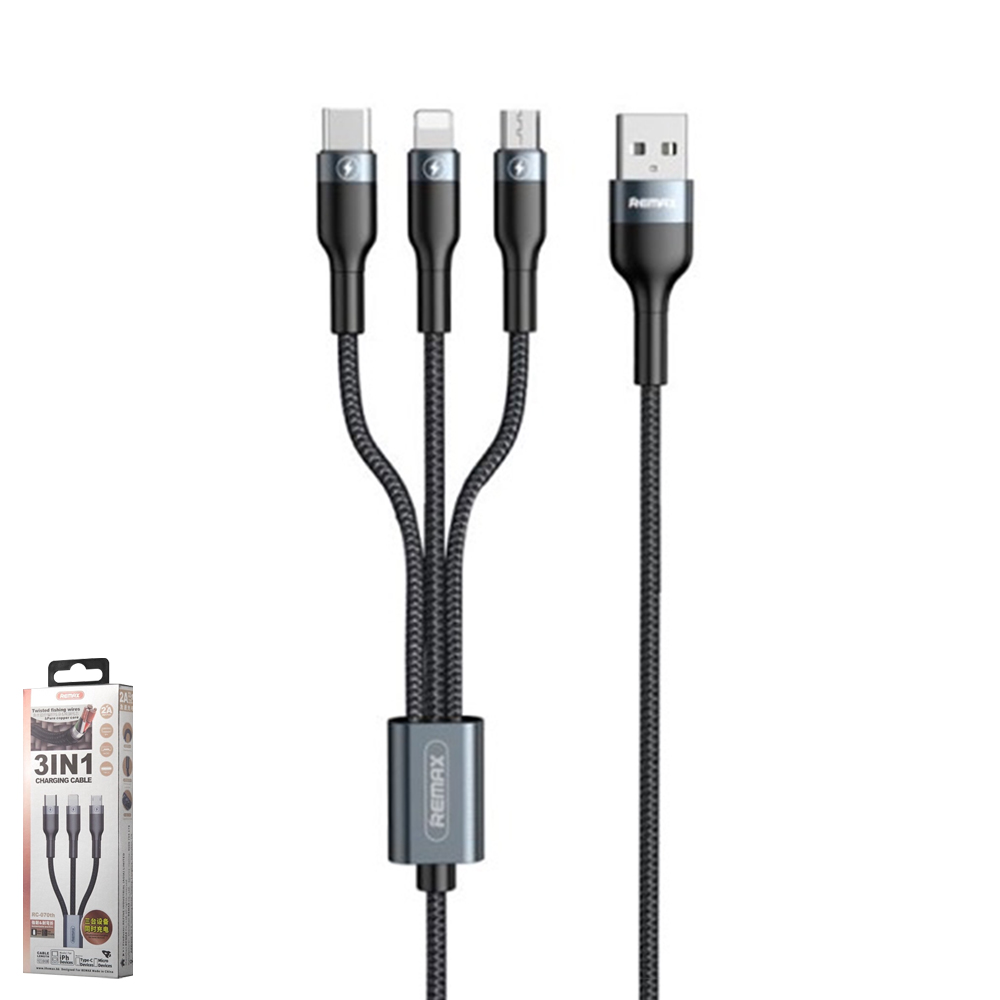remax 1.2M Cable Charger 3in1 REMAX (15W,RC-070th) Black — product image 1