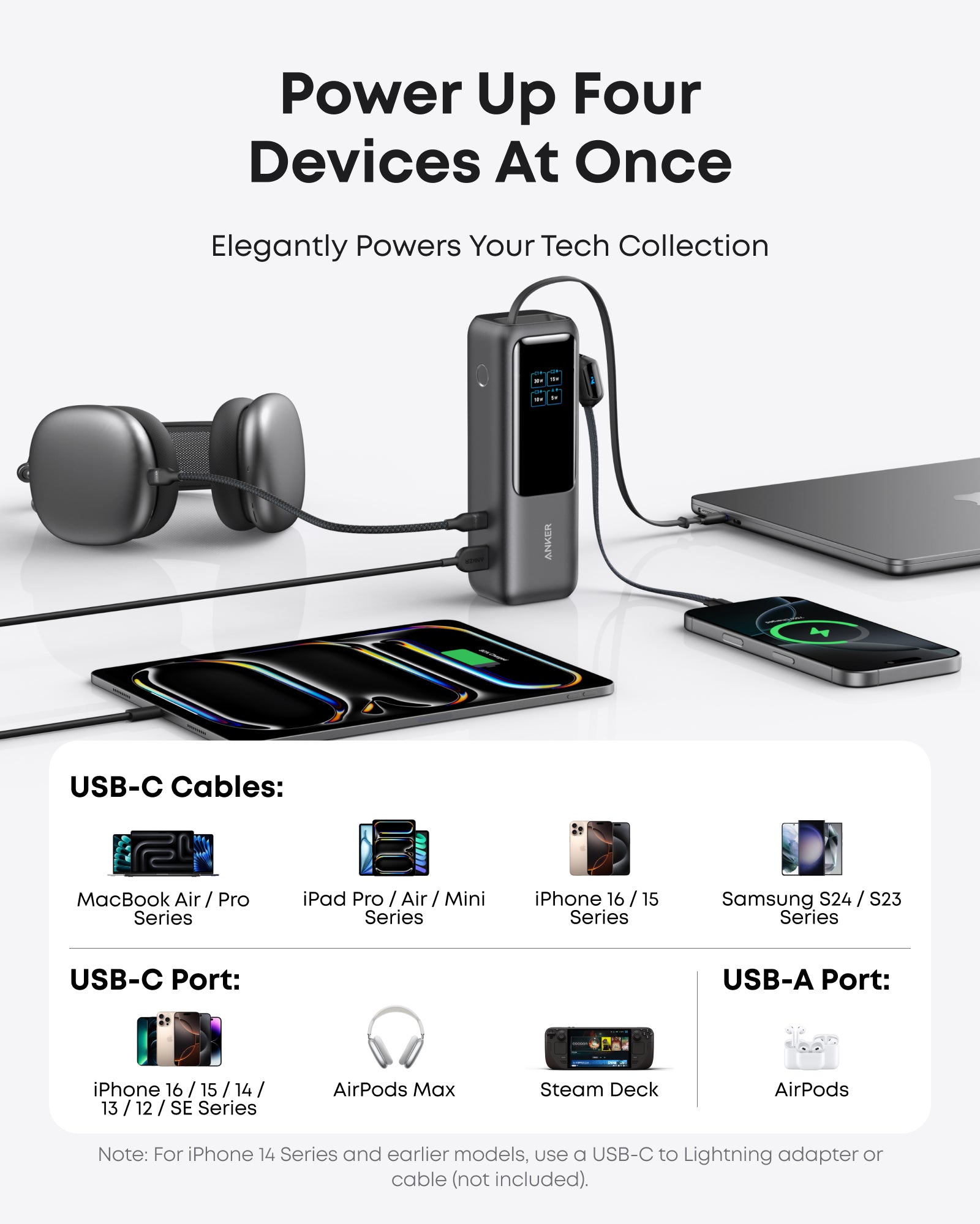 POWER BANK 25000 mAh ANKER Retractable Built-In Type-C (A1695H41,165W) Silver thumbnail 2
