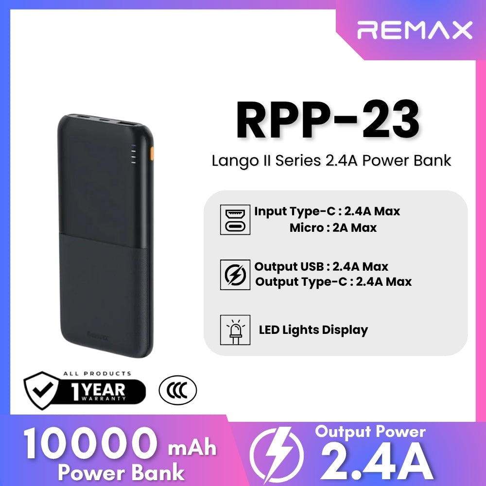POWER BANK 10000 mAh REMAX (12W,RPP-23) Black รองรับมาตรฐาน CCC thumbnail 2