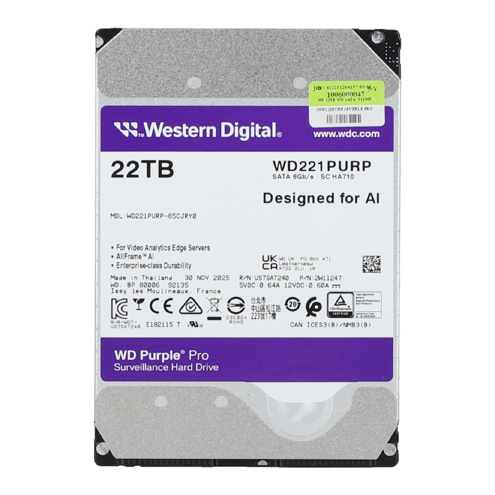 wd 22 TB HDD CCTV WD PURPLE PRO (7200RPM, 512MB, SATA-3, WD221PURP) — product image 1